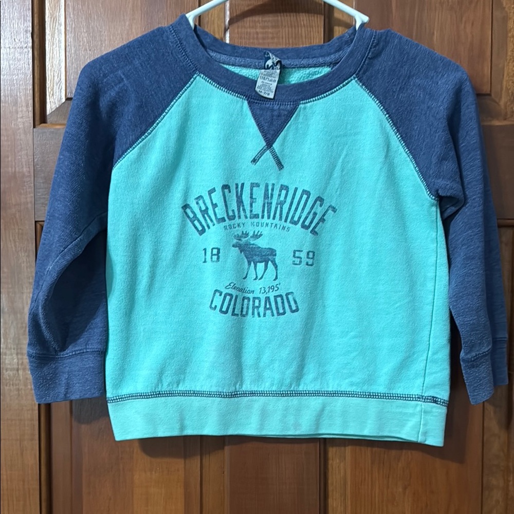 Blue and Green Raglan Sweatshirt with Breckenridge Moose Graphic